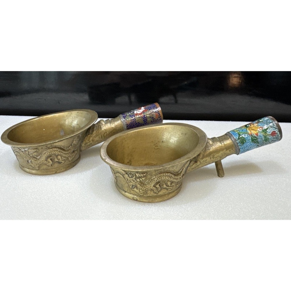 VTG Chinese Cloisonne Brass Silk Iron Enamel Handle Dragon Floral‎ Lot Incense